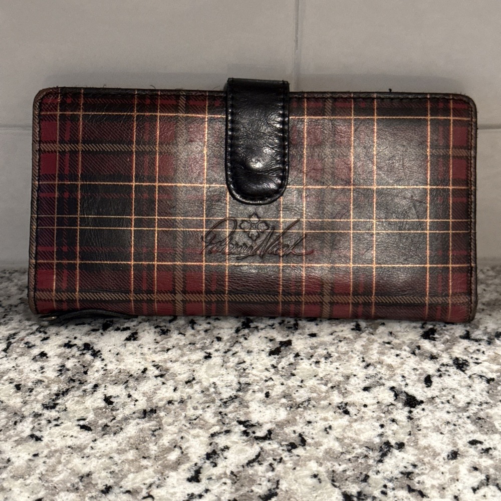 Patricia Nash Nazari Wallet Red Leather Plaid Embossed Slim Wallet Snap Closure